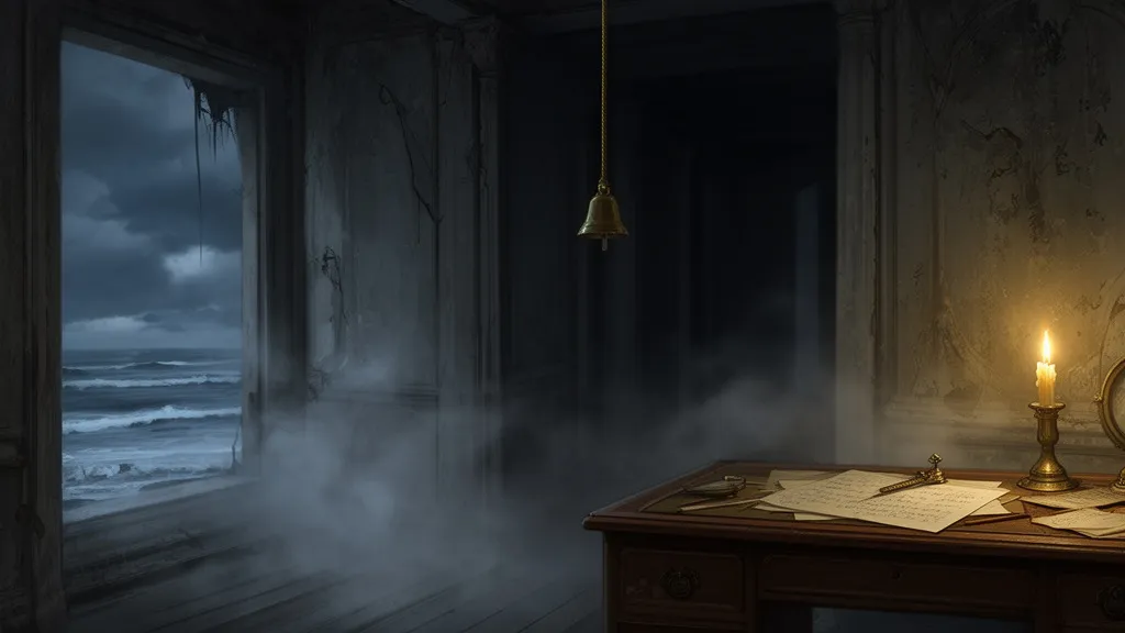 A candlelit desk in an old manor with a bell cord hanging in a dark corridor.