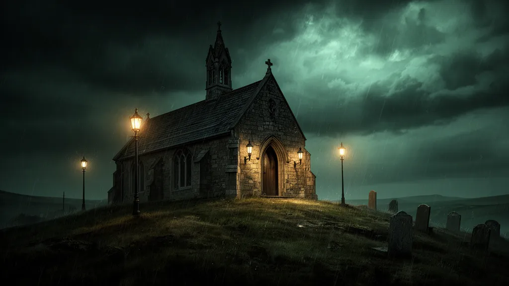 Eine vom Regen durchnässte Kapelle an einem dunklen Hang bei Nacht
