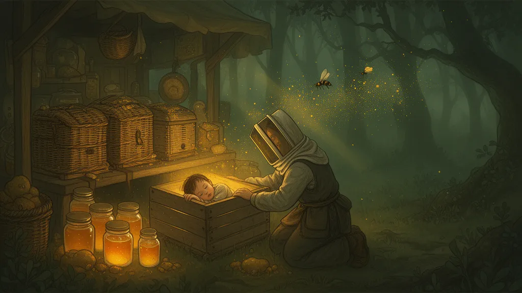 A child sleeping in an open wicker hive box at a market stall beside honey jars.