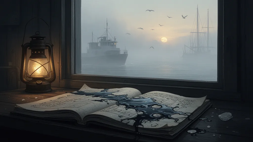 An open ledger on a desk in a foggy harbor office, with wet ink and saltwater stains.