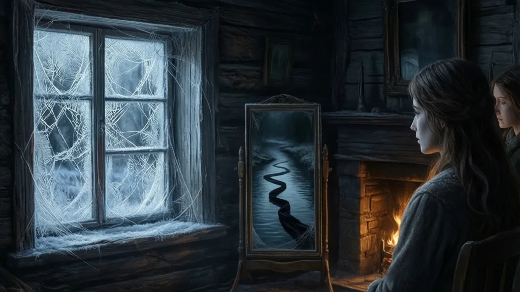 Ein beschlagenes Küchenfenster in einem alten Haus, mit zwei Frauen in der Nähe des Herdes und einem Spiegel, der einen Fluss reflektiert.