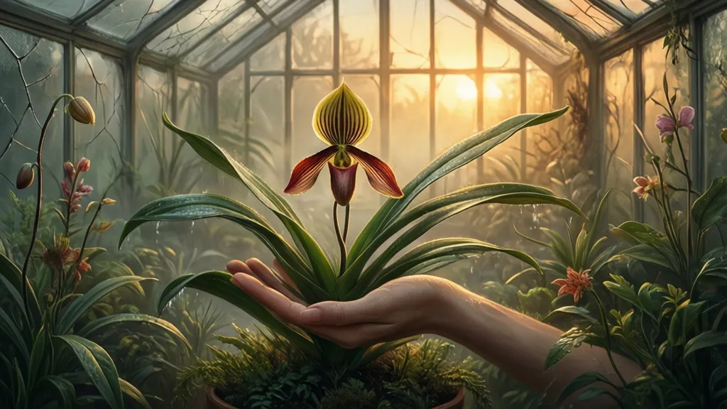 An orchid in a glass conservatory opens into a human hand.