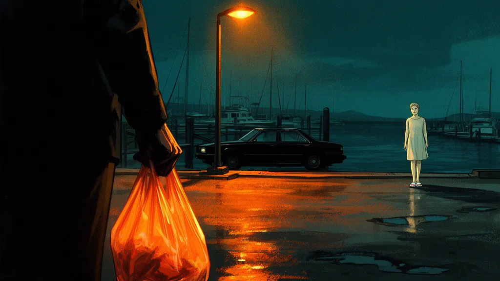 A person stands by a marina at night holding a plastic bag near a black car.