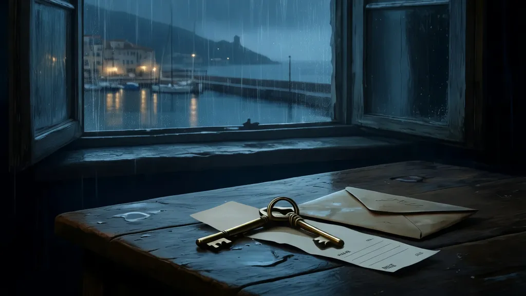 Ein Messingschlüssel, ein Beleg und ein Umschlag auf einem Tisch neben einem Fenster mit Blick auf einen Hafen bei Nacht.