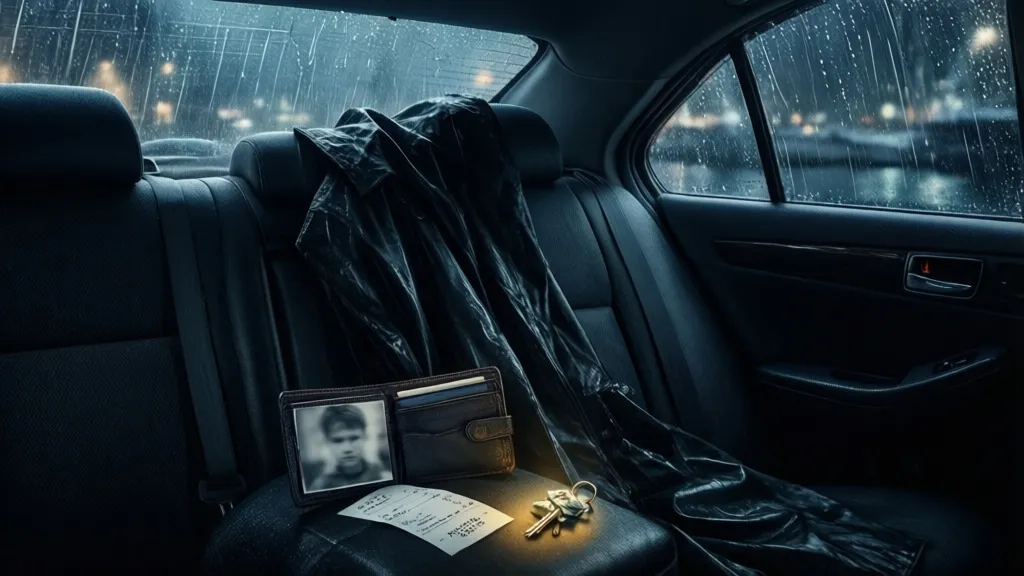 Dunkles Taxi-Innenraum mit einer Brieftasche, einem Kinderfoto und einem Schlüssel auf dem Rücksitz.