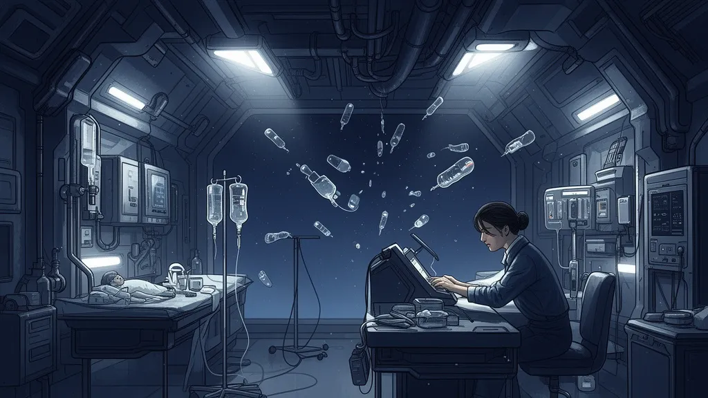 A lone supervisor stands in a dimly lit space station ward as equipment and fluids drift in low gravity.
