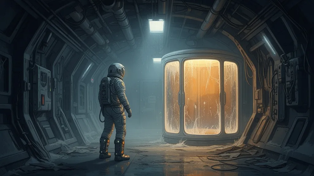 An astronaut stands in a dim space station corridor with a glowing pod chamber behind them.