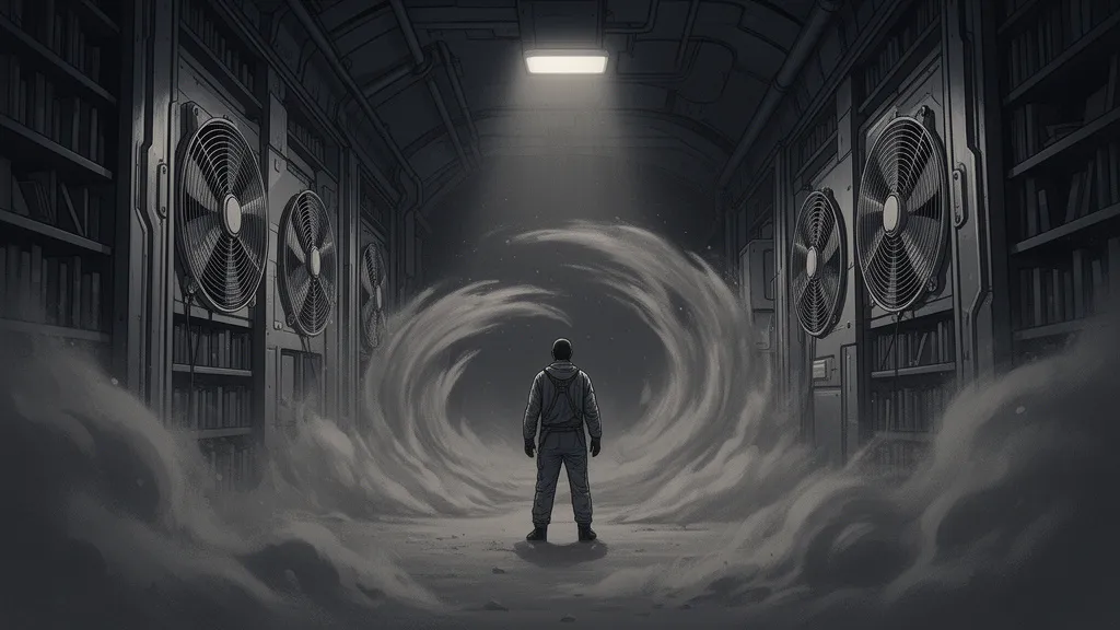 A lone figure stands in a lunar archive bay as dust swirls in reversed airflow.