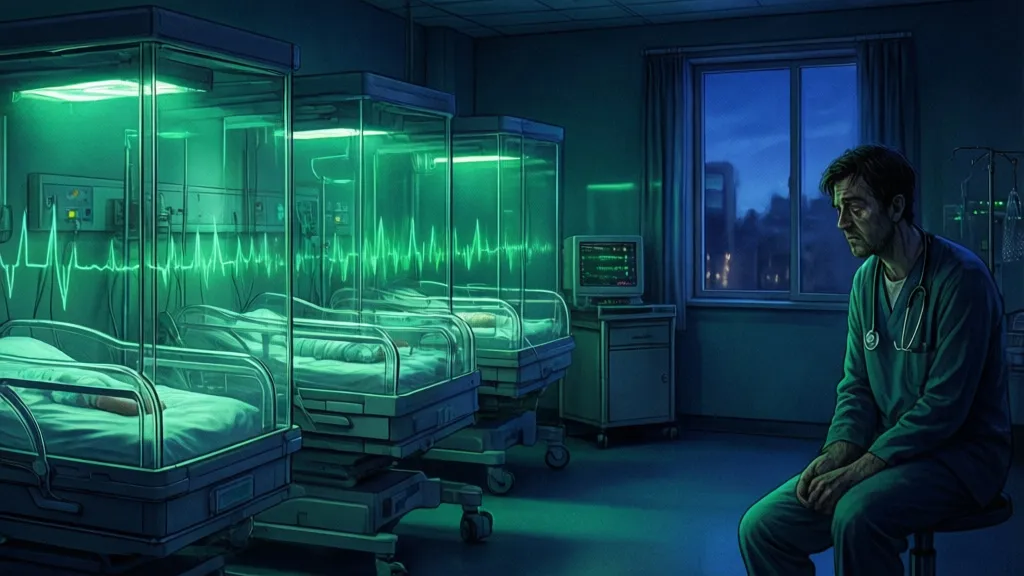 A nighttime neonatal intensive care unit with three glowing incubators and synchronized heart monitors.
