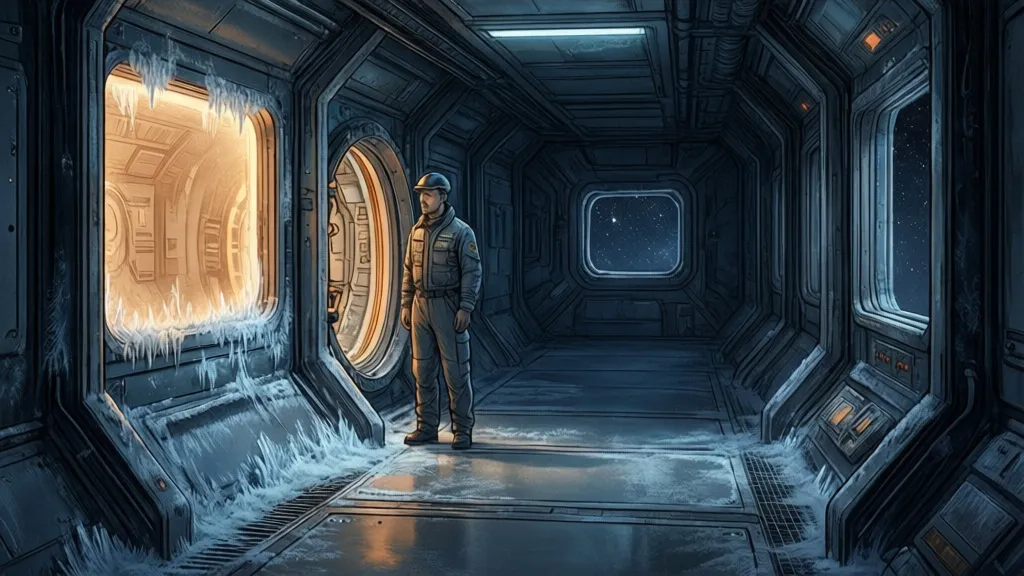 A technician stands in a dim space station corridor beside a glowing wall panel and frost on the bulkhead.