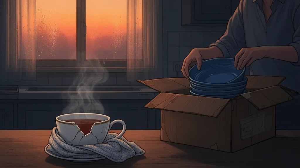 A person holds a cracked teacup while another packs blue bowls into a cardboard box in a warm kitchen.