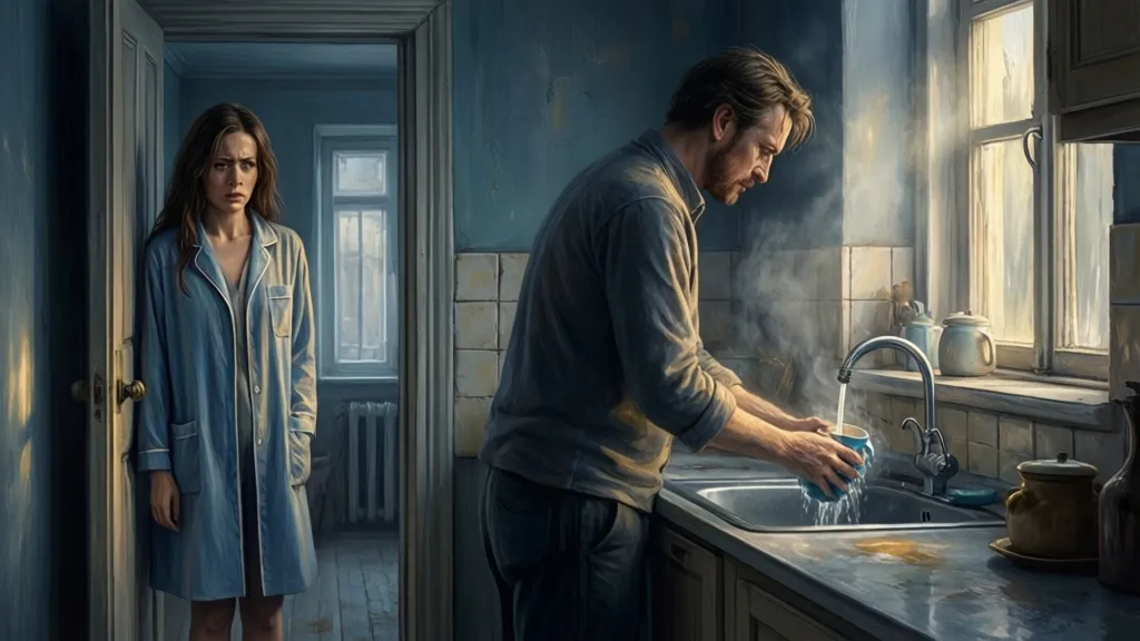 A woman stands in a kitchen doorway while her ex-husband washes a blue mug at the sink.