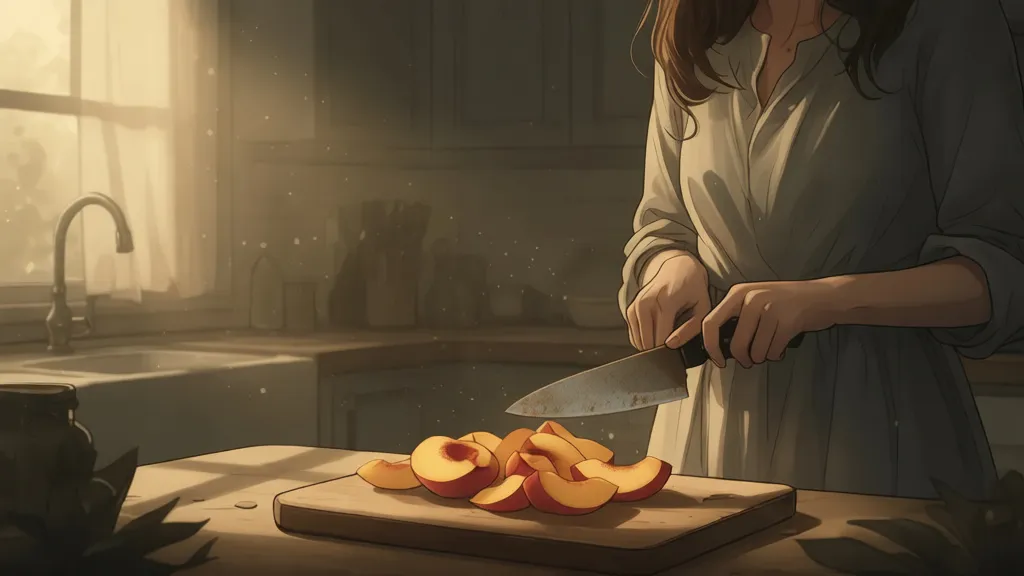 A woman holds a knife in a sunlit kitchen beside sliced peaches.