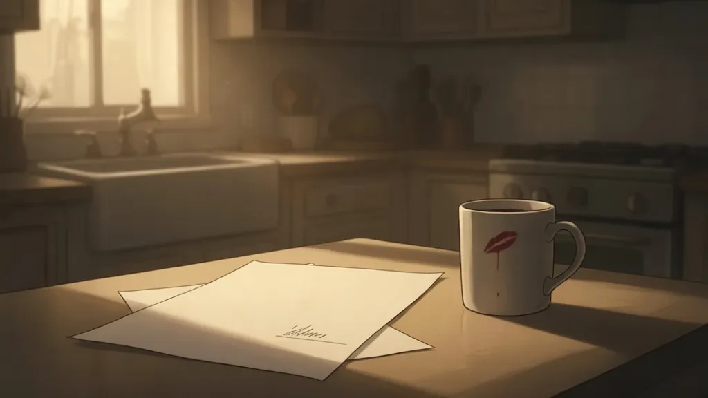 A kitchen counter with a lease renewal form and a mug marked with lipstick.