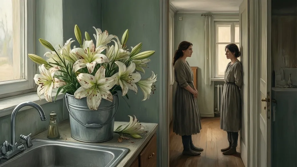 Zwei Frauen stehen in einer stillen Wohnung neben weißen Lilien am Waschbecken.