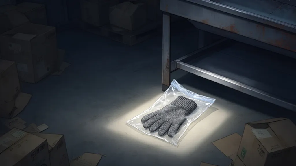 A clear evidence bag containing a gray glove lies near a sorting table in a dim facility.