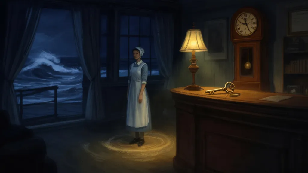 A housekeeper stands in a dim inn lobby beside a stopped clock and a brass key.