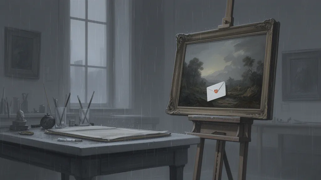 A museum conservator’s room with a painting on an easel and an envelope tucked into the frame.