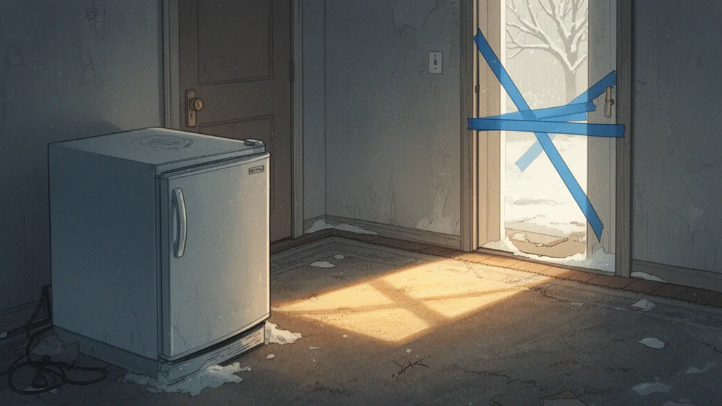 An empty apartment with a taped freezer door and sunlight on the carpet.