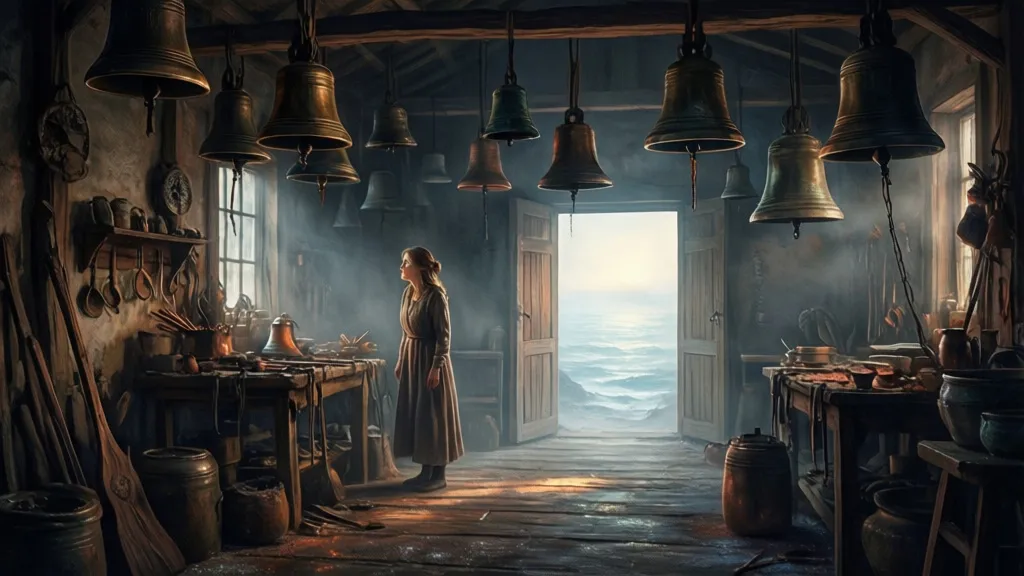 A woman stands in a bellmaker’s workshop beneath hanging bronze bells.