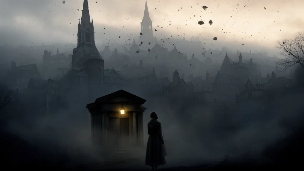 Eine Frau steht im Nebel vor einem dunklen Leichenhaus unterhalb einer Kirche.