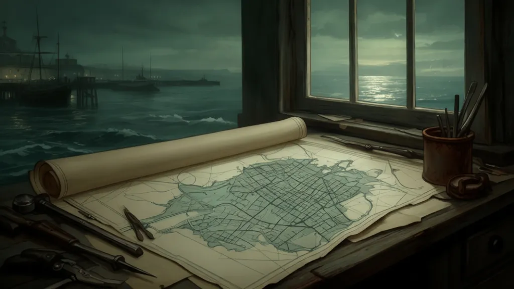 An old map spreads across a workbench beside a harbor, with ink forming new streets.