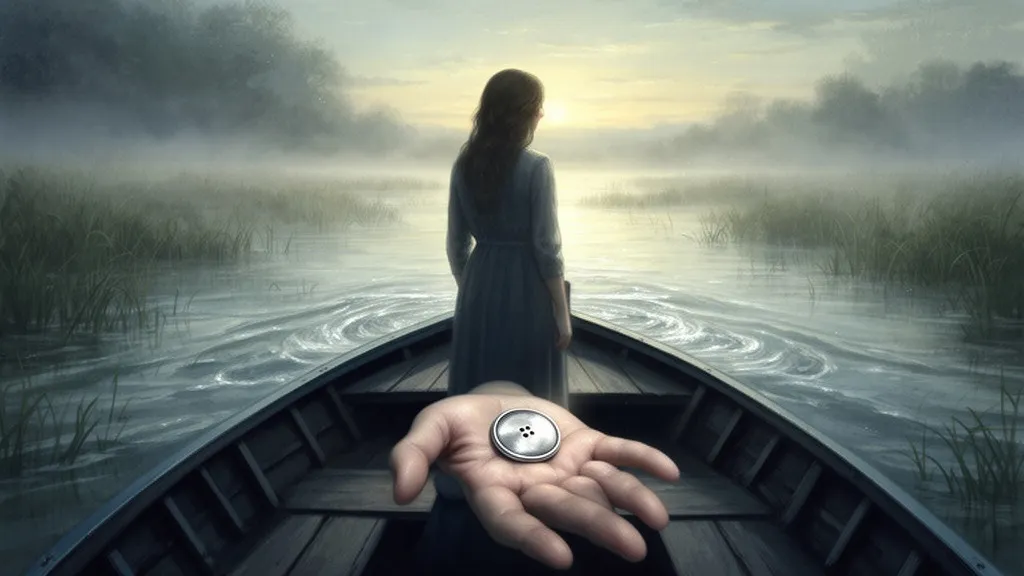 Eine Frau steht in der Morgendämmerung auf einer Fähre und hält einen silbernen Knopf, während der Fluss hinter ihr vorbeifließt.