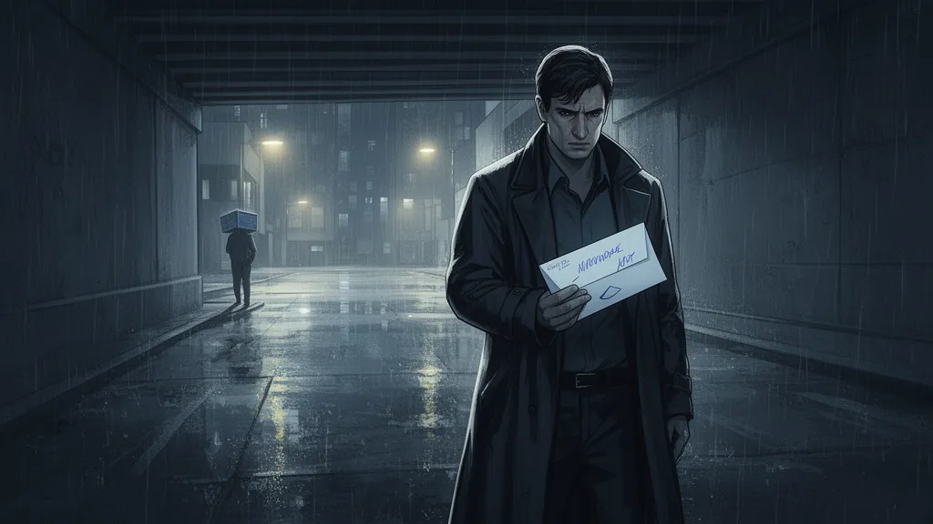 A person stands under a wet city underpass holding a sealed envelope.