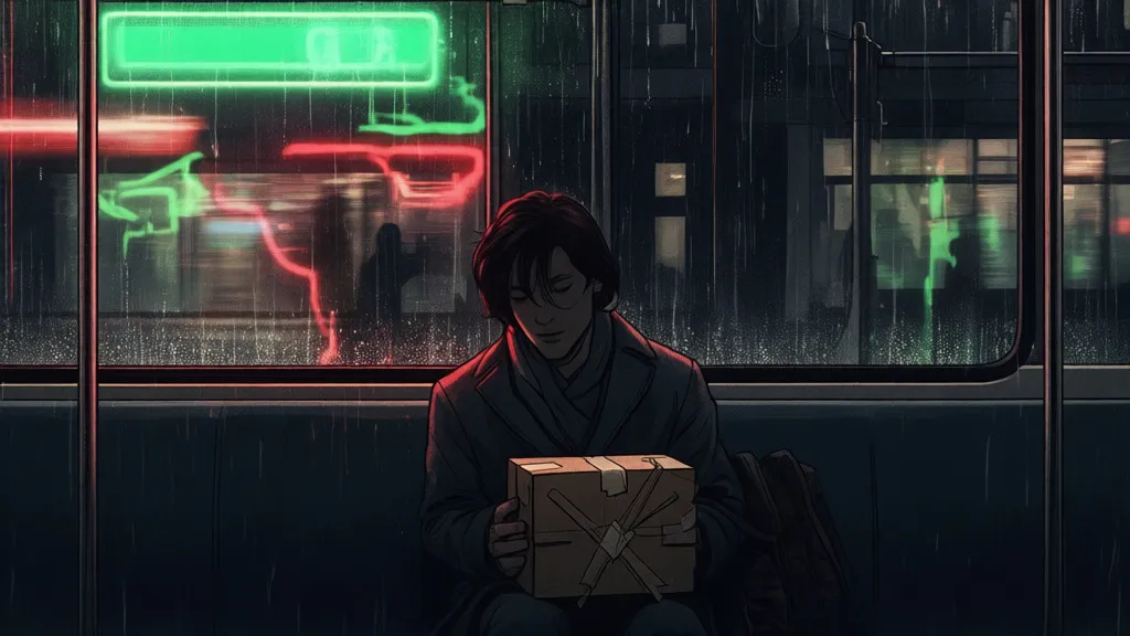 A person sits on a tram at night holding a taped cardboard box.