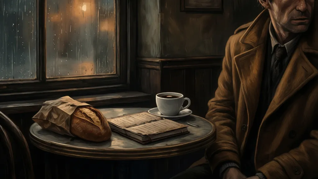 A dim café table with a ledger, a bread bag, and a cold coffee cup beside a man in a camel coat.