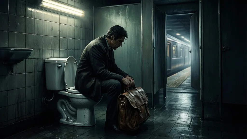 Eine Person sitzt in einer Bahnhofstoilette und hält eine Ledertasche unter flackerndem Licht.
