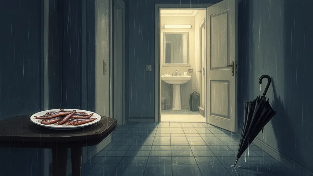 A dim apartment hallway with an open bathroom door, a plate of anchovies, and a black umbrella on the floor.