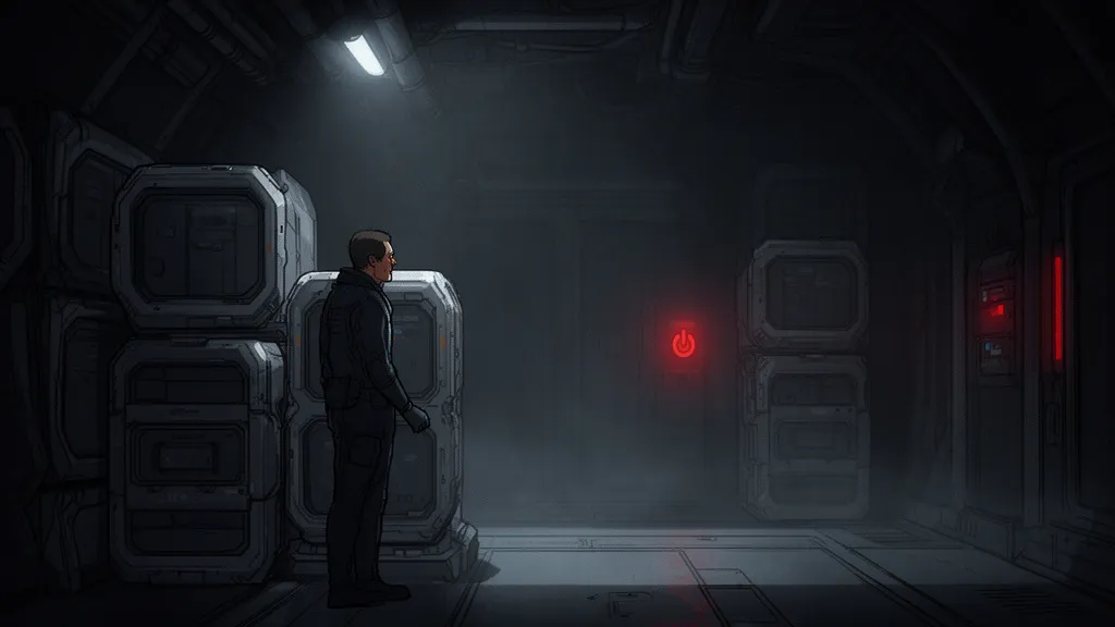 A lone technician stands in a dim space station storage bay beside sealed pods and a red warning light.