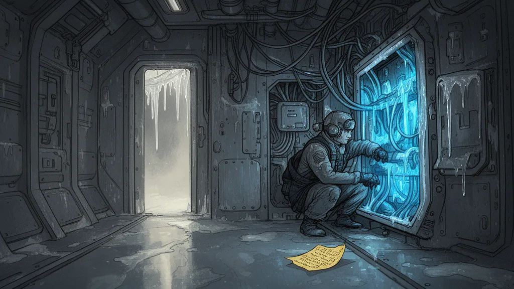 A mechanic crouches beside an open panel in a cold spacecraft corridor, with blue light and a scrap of paper visible.
