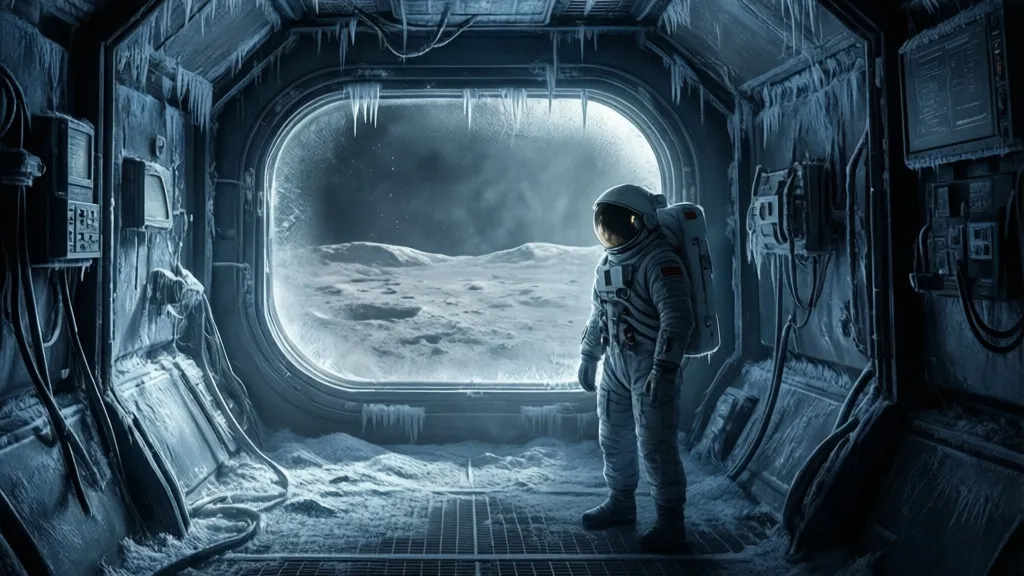 An astronaut stands in a frozen lunar station corridor.