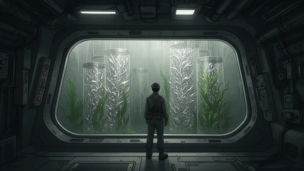 A station engineer looks at silver-glowing bioreactors inside a space station.