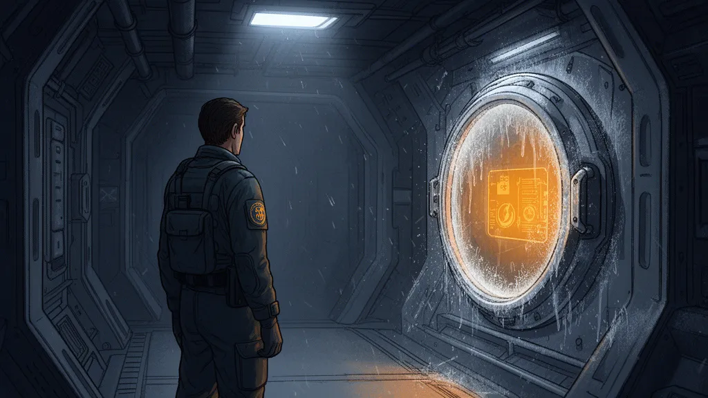 A lone medic stands before a glowing cryopod in a dark starship corridor.