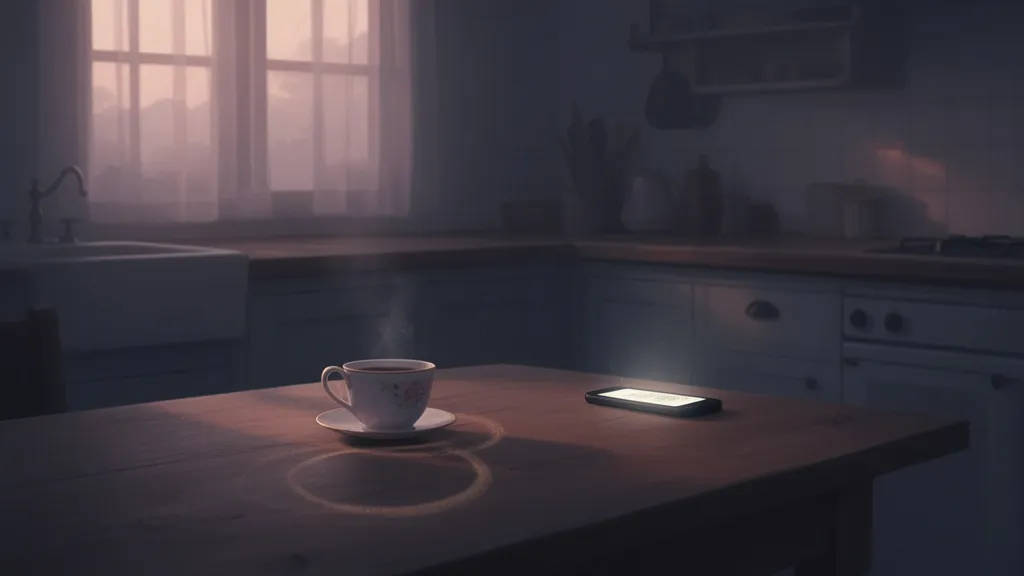 A quiet kitchen at dawn with a teacup ring on the table and a glowing phone on the counter.