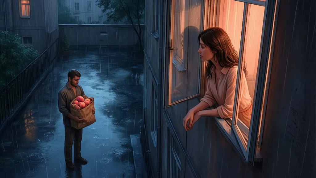 A woman looks out a window at dusk toward a man standing in a courtyard with a paper bag of peaches.