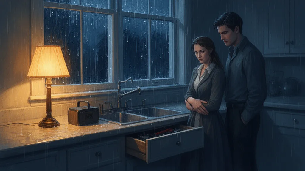 A rainy kitchen at night with two people standing near an open drawer and toolbox.
