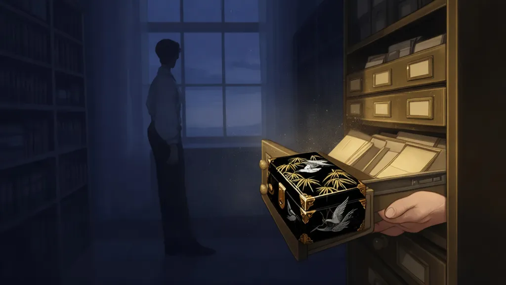 An archivist stands beside an open drawer, holding a black lacquered puzzle box in a dim archive room.
