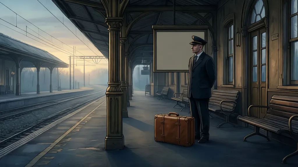 A stationmaster stands beside a brown suitcase in an empty train station waiting room.