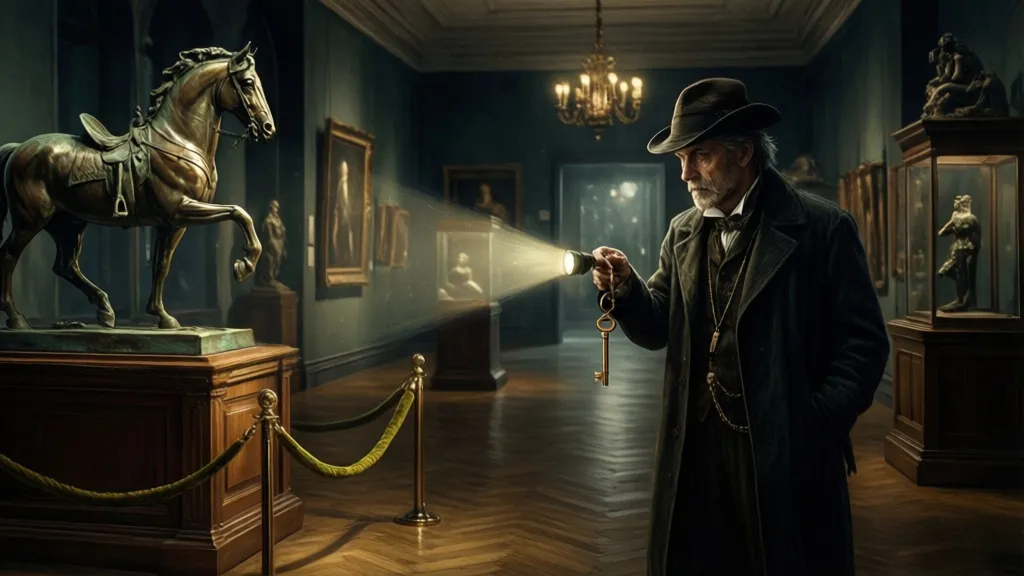 A person holds a brass key in a dark museum gallery beside a bronze horse statue.