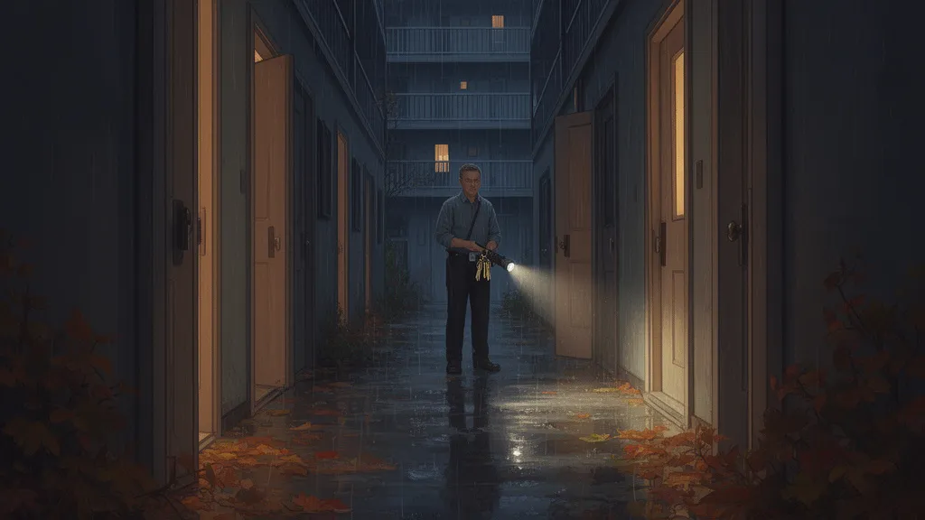 A superintendent stands in a dim apartment hallway beside several slightly open doors on a rainy night.