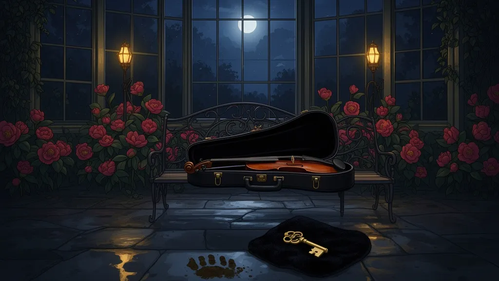 An open violin case on a bench in a dark conservatory with a brass key inside.