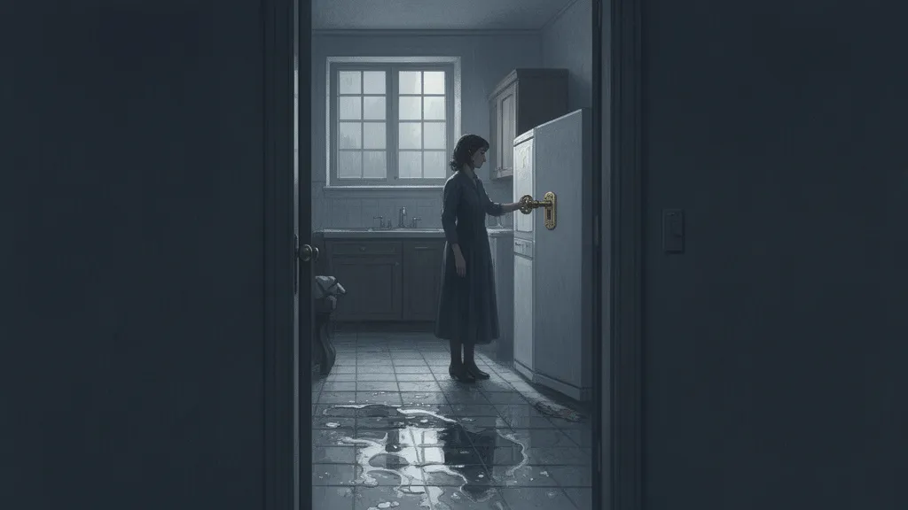 A woman stands in a dim kitchen beside a wet floor and a leaking freezer.