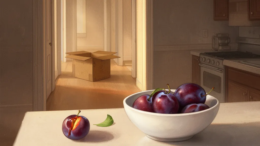 A bowl of plums sits on a kitchen counter beside an open moving box in a hallway.