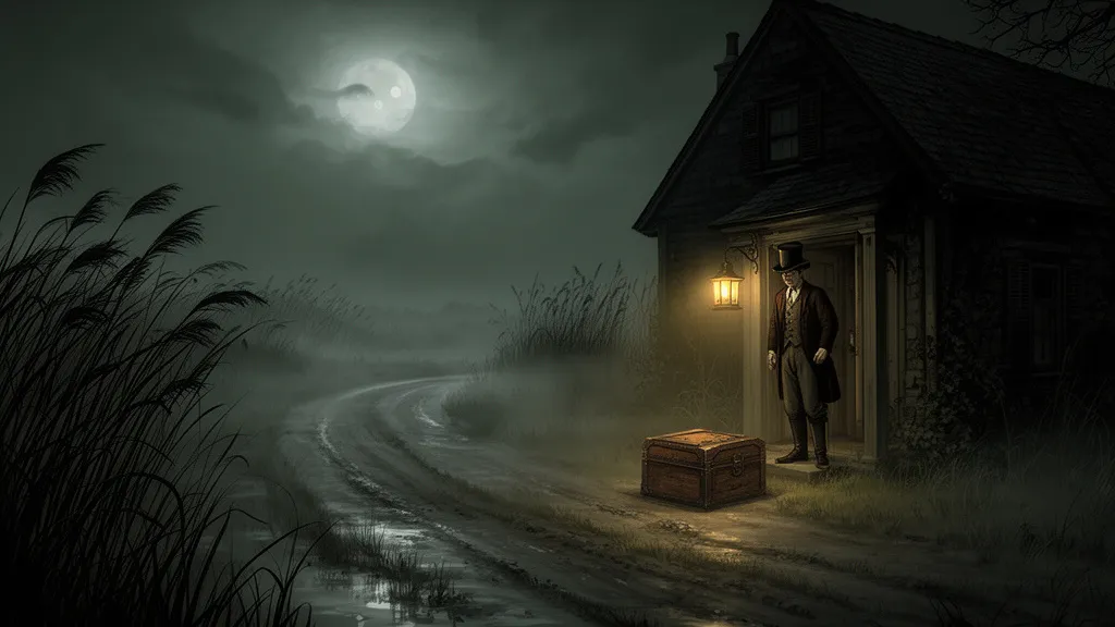 A man stands beside a sealed wooden box outside a cottage on a foggy marsh road at night.