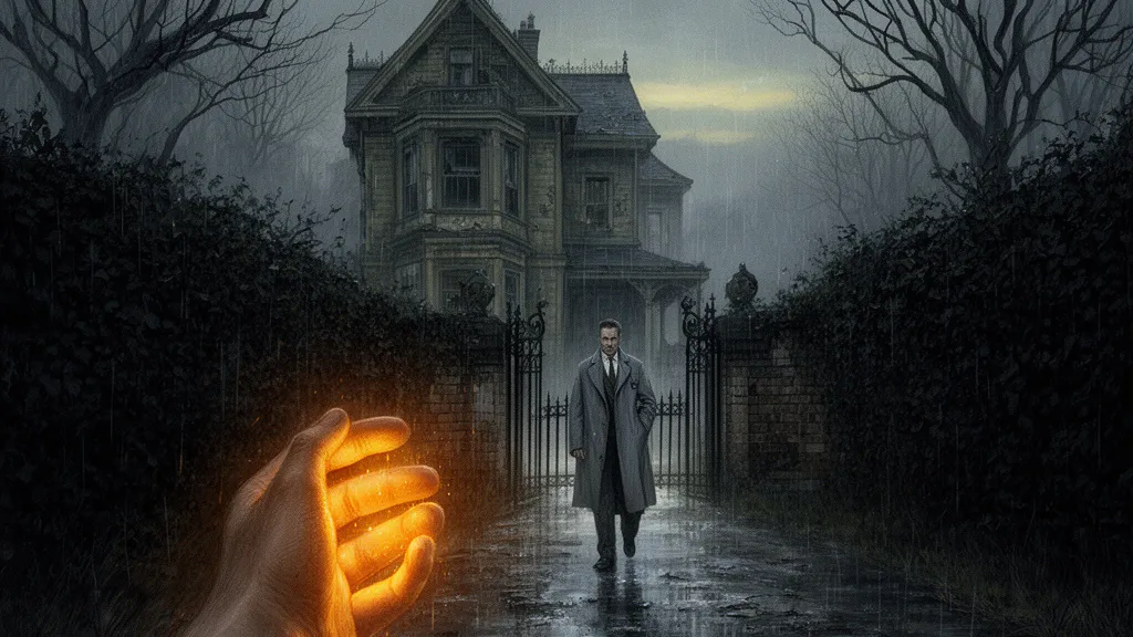 A lone man stands before a decaying Victorian house in the rain, with a glowing hand in the foreground.