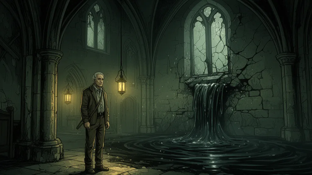 Ein Mann steht in einer dunklen Kirche, während das Wasser vom Steinboden und den Wänden hochsteigt.